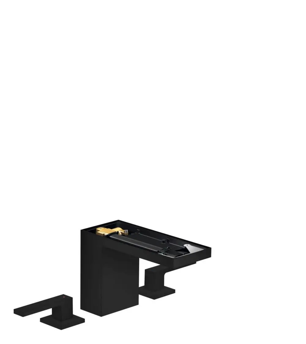 AXOR Waschtischarmatur mit drei Löchern in mattschwarzer Ausführung. Inkl. Push-Open Ablaufgarnitur. Armatur mit minimalistischem Design.